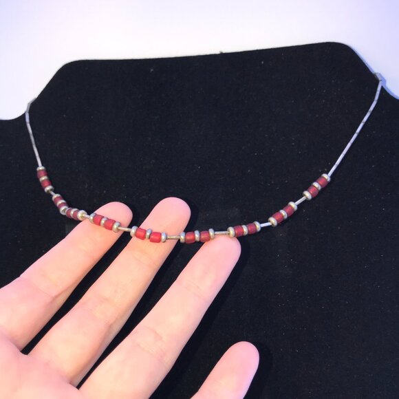 15 1/4" Frosted Orange Red and Silver Beaded Necklace - Picture 3 of 9